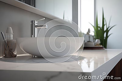 Stylish sink-vessel on a white marble countertop in a modern white bathroom Stock Photo