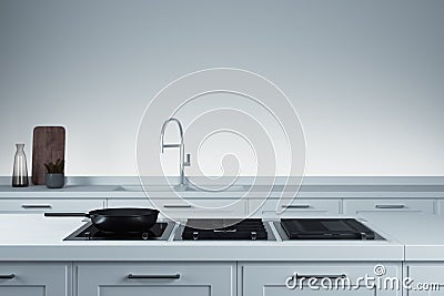 Stylish sink and water faucet tap. Interior of bright modern stylish kitchen. 3d rendering. Stock Photo