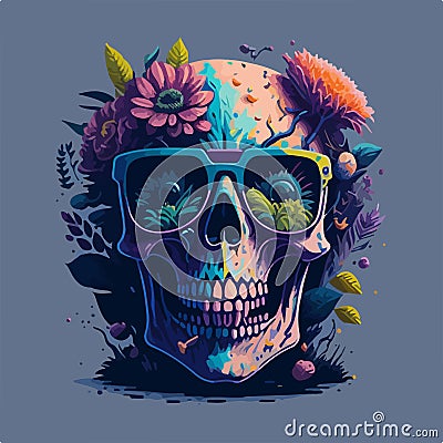 A vividly colored skull with sunglasses. Vector illustration for a postcard or a poster, print for clothes. Vector Illustration