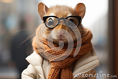 Stylish small rodent dons glasses, scarf, mimicking mannequins allure Stock Photo