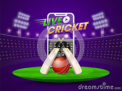 Stylish Smartphone video screen showing live cricket match. Stock Photo