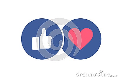 Stylish social media icons - Like and heart. Thumb up and red heart in blue cyrcles. Vector illustration Vector Illustration