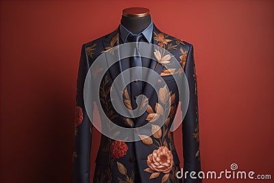 Stylish suits on mannequins on solid color background, closeup. ai generative Stock Photo