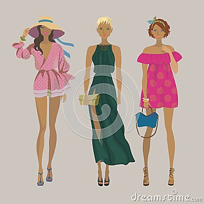 Stylish summer girls.Fashion models. Vector Illustration