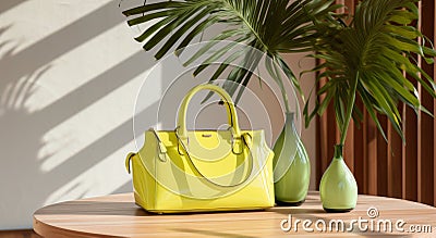 Stylish and Sunny: The Perfect Pairing of a Yellow Handbag and a Palm Tree Stock Photo