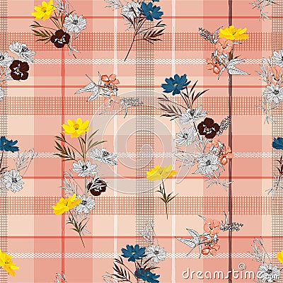 Stylish sweet vintage meadow flowers on hand drawn window tartan check or grid seamless pattern vector scatter repeat for fashion, Stock Photo