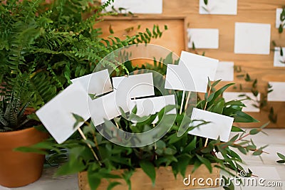 Stylish table list seating plan for wedding reception, greenery style Stock Photo