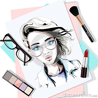 Stylish table set with hand drawn woman portrait, papers, lipstick, eyeglasses, brush and eyeshadows. Sketch. Vector Illustration