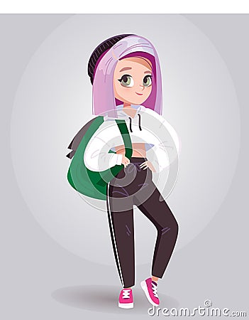 Stylish teenage girl in hoodie with backpack. Young school girl character Vector Illustration