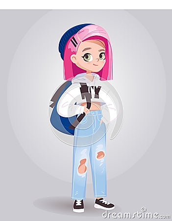 Stylish teenage girl with pink hair and backpack standing. Young school girl character. Vector Illustration