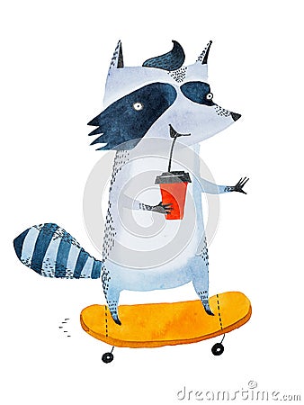 Stylish teenage raccoon drinking coffee to go from takeaway cup while riding on a skateboard. Watercolor sketch of Stock Photo