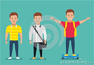 Stylish Teenager boy in different poses. Cartoon character. Flat illustration Vector Illustration