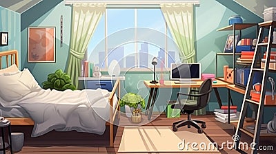 Stylish teenager room interior with computer, comfortable bed and painting easel. generative ai Stock Photo