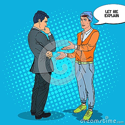 Stylish Teenager Talking with his Father. Pop Art illustration Vector Illustration
