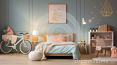 Stylish teenagers room interior with comfortable bed and sports equipment Stock Photo