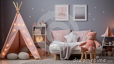 Stylish teenagers room interior with comfortable bed and sports equipment Stock Photo