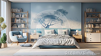 Stylish teenagers room interior with comfortable bed and sports equipment Stock Photo