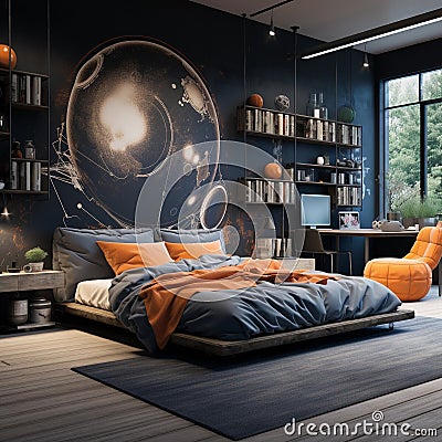 Stylish teenagers room interior with comfortable bed and sports equipment Stock Photo