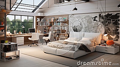 Stylish teenagers room interior with comfortable bed and sports equipment Stock Photo