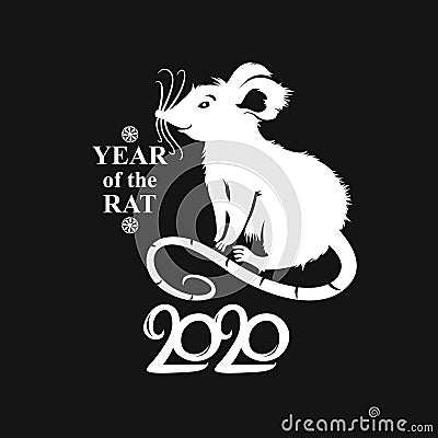 Stylish template 2020 with a cute cartoon rat. White pattern on a black background. Chinese New Year of the Rat. Stock Photo