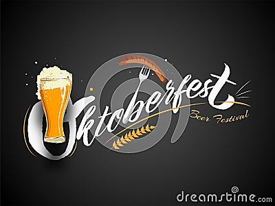 Stylish text Oktoberfest Beer Festival with wine glass, sausage fork and wheat on black background. Stock Photo