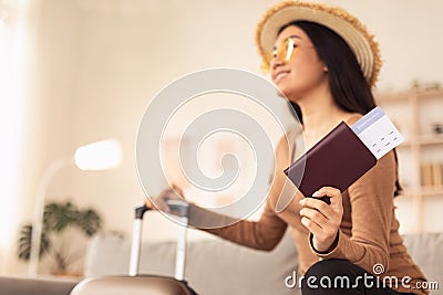 Stylish Tourist Girl Holding Tickets Wearing Sunglasses At Home Stock Photo