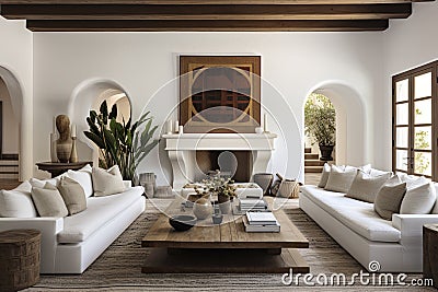 Stylish traditional villa living room design with arched doorways Stock Photo