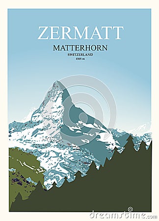 Stylish travel poster. View of the Matterhorn near Zermatt Vector Illustration