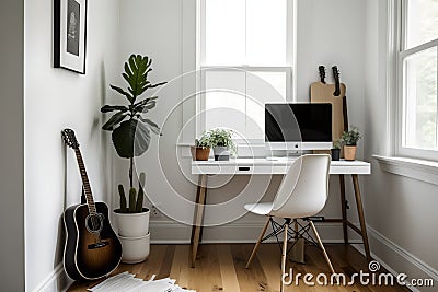 Elegant Minimalist Home Office with Desk and Accessories Stock Photo