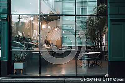 Stylish urban cafe with large window facing the street, showcasing a contemporary interior design. Generative AI Stock Photo