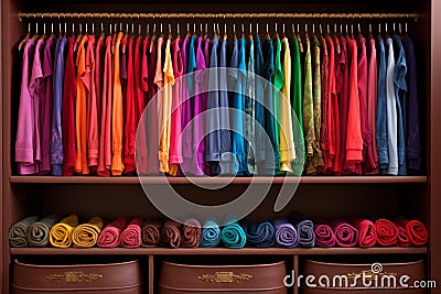 Stylish and vibrant fashion clothes hanging on a colorful clothing rack in a well organized closet Stock Photo