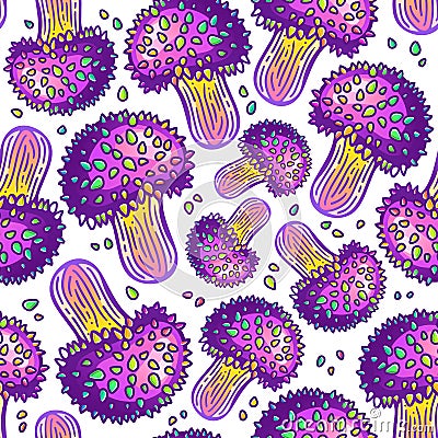 Stylish wallpaper of hallucinogenic mushrooms. Fantasy seamless vector pattern of purple psilocybin mushrooms. Amazing wrapping Vector Illustration