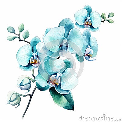 Stylish Watercolor Blue Orchid Arrangement Clipart With Aqua Blue Hues Stock Photo