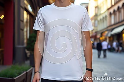 A stylish white blank t-shirt, worn by a model in an urban setting. Empty space for logo or design on the Stock Photo