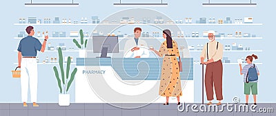 Stylish woman buying remedy consulting with pharmacist at drugstore vector flat illustration. Different people stand in Vector Illustration