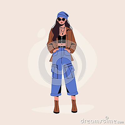 Stylish woman. Cartoon female character wearing casual outfit, fashionable hipster girl in trendy clothes, vogue Vector Illustration