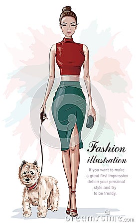 Stylish woman in fashion clothes with little dog. Beautiful fashion woman with hand bag. Sketch. Vector Illustration