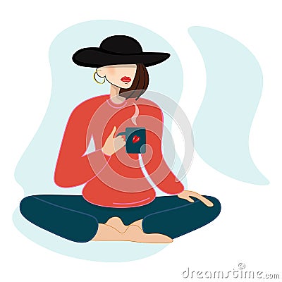 Stylish woman in hat drinking coffee and sitting in lotus position. Yoga practice, relaxation. Vector Illustration