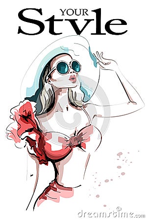 Stylish woman in hat. Hand drawn beautiful young woman in sunglasses. Fashion lady. Vector Illustration