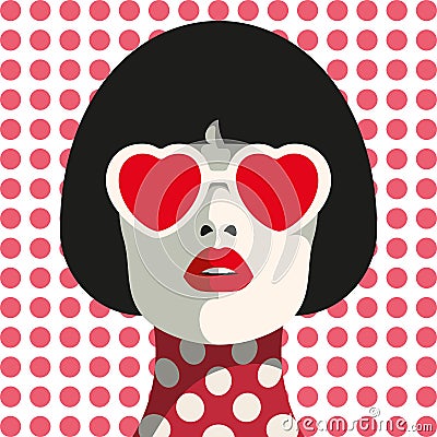 Stylish woman with heart glasses and bob haircut. Seamless geometric pattern. Vector Illustration