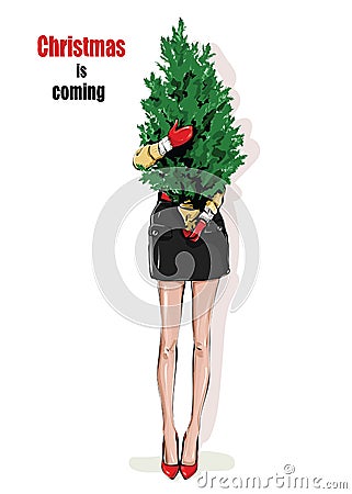 Stylish woman holding New Year tree. Female legs in red shoes. Winter look. Vector Illustration