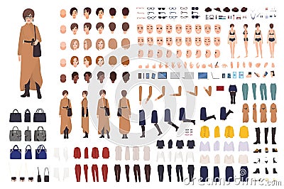 Stylish woman of middle ages constructor or DIY kit. Collection of female cartoon character body parts, facial Vector Illustration