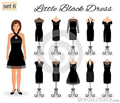 Stylish woman model character in little black dress. Set of cocktail dresses on a mannequins. Vector Illustration