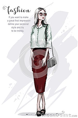 Stylish woman in red skirt. Fashion woman. Hand drawn beautiful young lady in sunglasses. Sketch. Vector Illustration