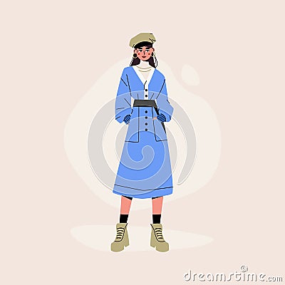 Stylish woman wearing fashion clothes. Fashionable female character in trendy elegant casual outfit, vogue influencer Vector Illustration