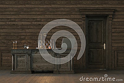 Stylish wooden interior office with closed door. 3d render. Stock Photo