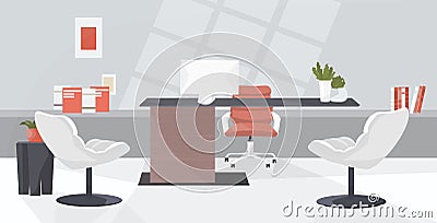 Stylish workplace modern cabinet interior empty no people workspace office room with furniture flat horizontal Vector Illustration