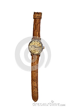 Stylish wrist watch gold case isolated on white background Stock Photo