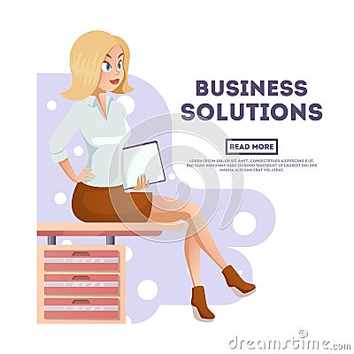 Stylish young beautiful secretary in elegant office clothes. Cute cartoon business woman with documents. Vector Vector Illustration