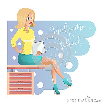 Stylish young beautiful teacher in elegant office clothes. Cute cartoon girl with documents in hand. Vector illustration Vector Illustration